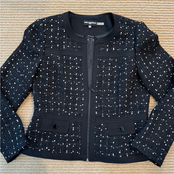 Karl Lagerfeld tweed zip-up blazer - black buttons. Chic  & classic - sz 12 - Picture 3 of 14